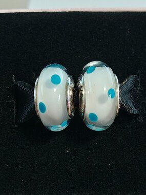 Authentic Pandora White & Teal Polka Dot Murano Glass Charms – 790608 Set of 2